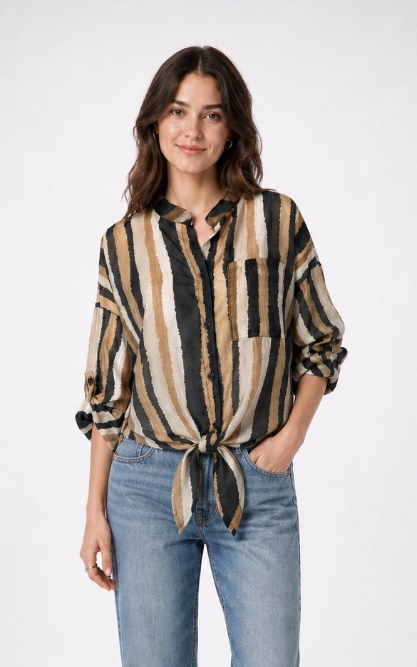 Striped Tie-Front Blouse with Mandarin Collar - Black