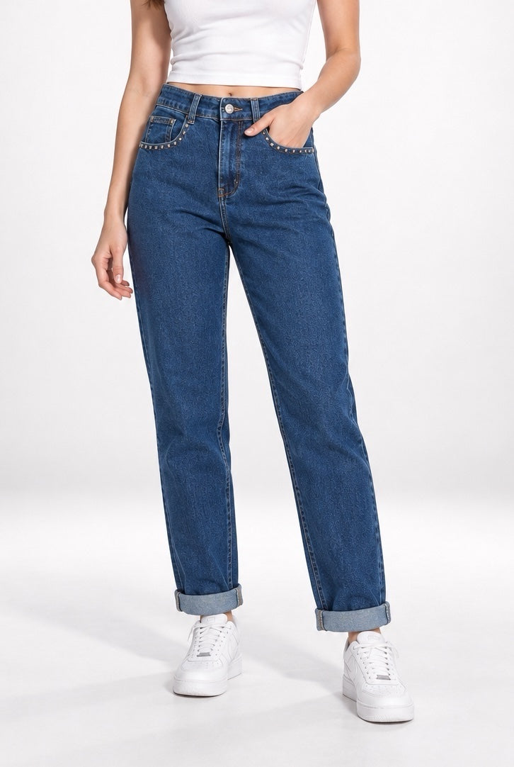 Studded Pocket Straight Leg Jeans - Indigo