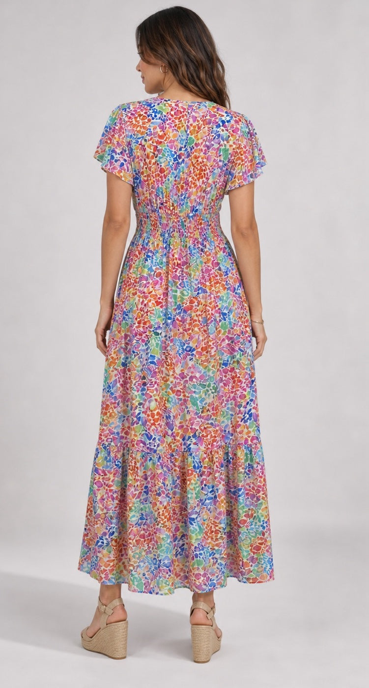 Coloured Pattern Shirred Waist Maxi Dress - Bright Pink (2)