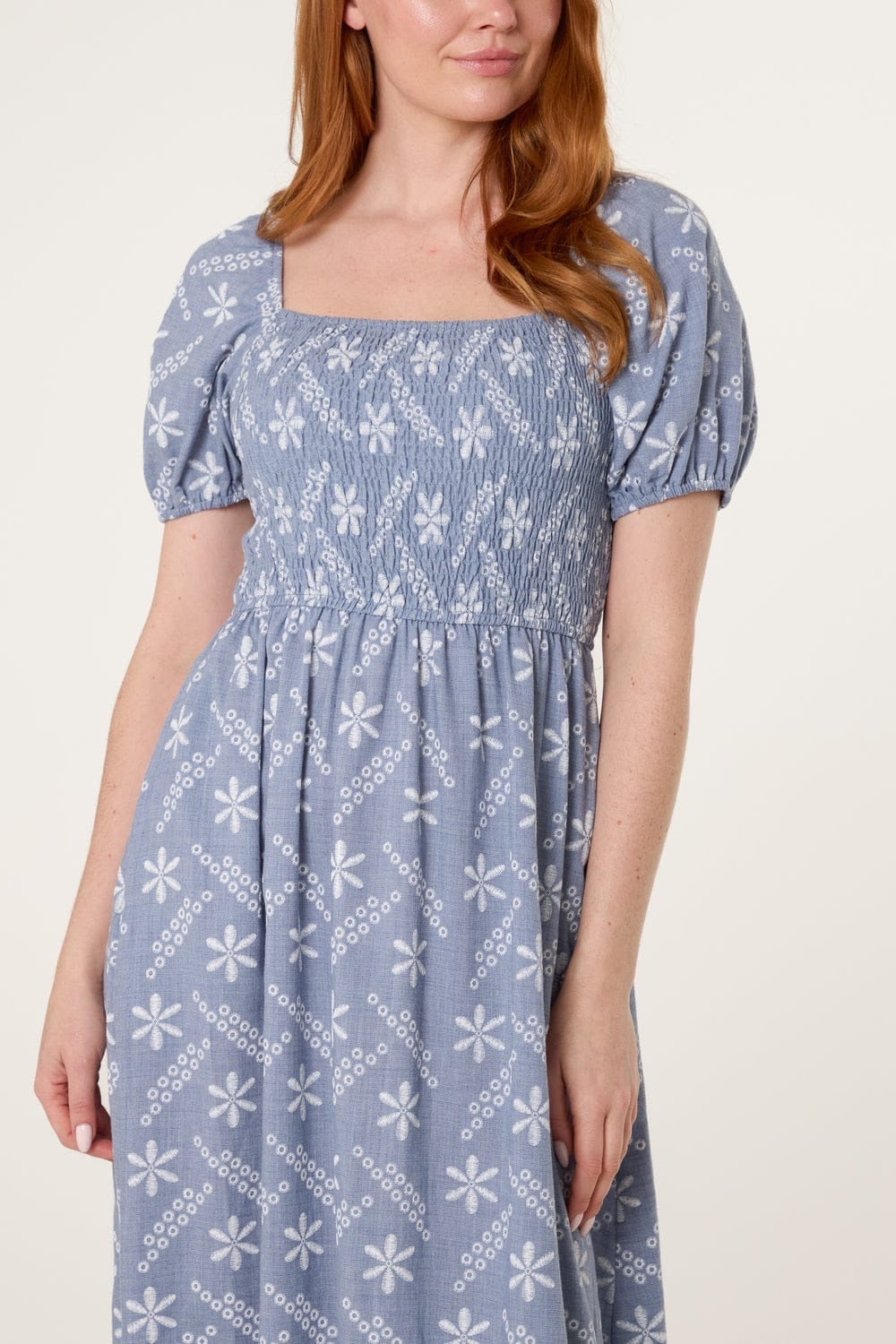 Smocked Puff Sleeve Midi Dress - Light Blue (2)