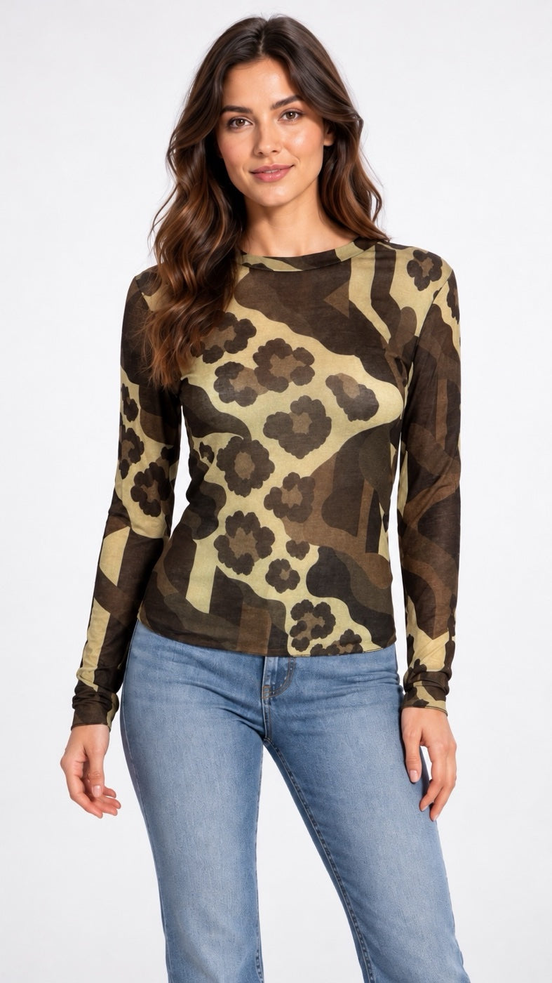 Abstract Animal Cashmere Enriched Top - Chocolate 