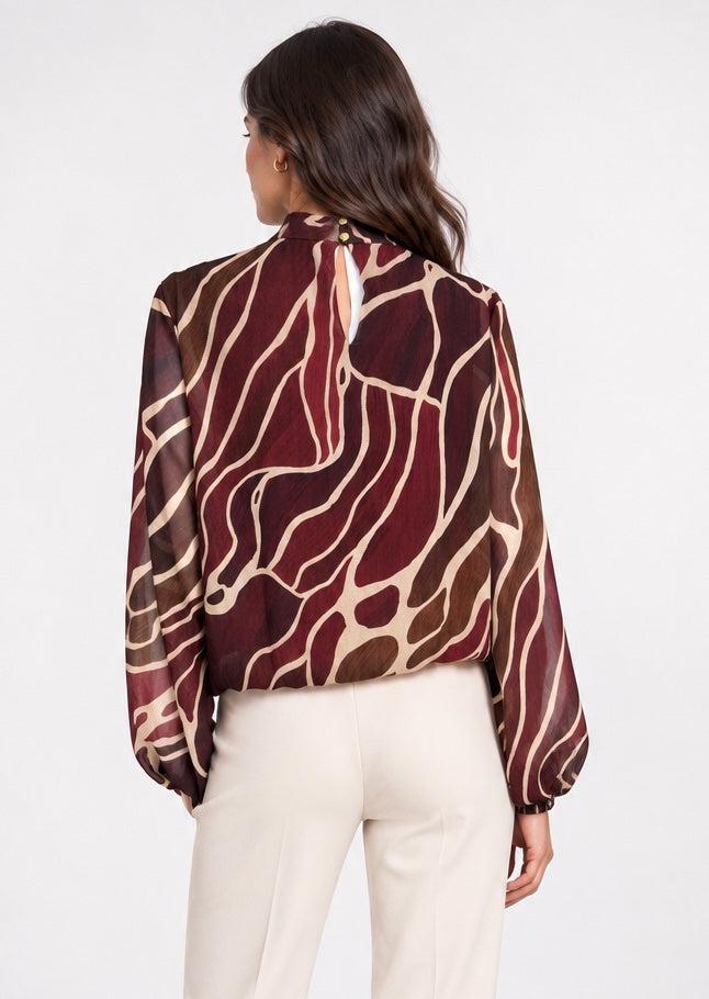 Abstract Print High Neck Blouse - Wine (2)