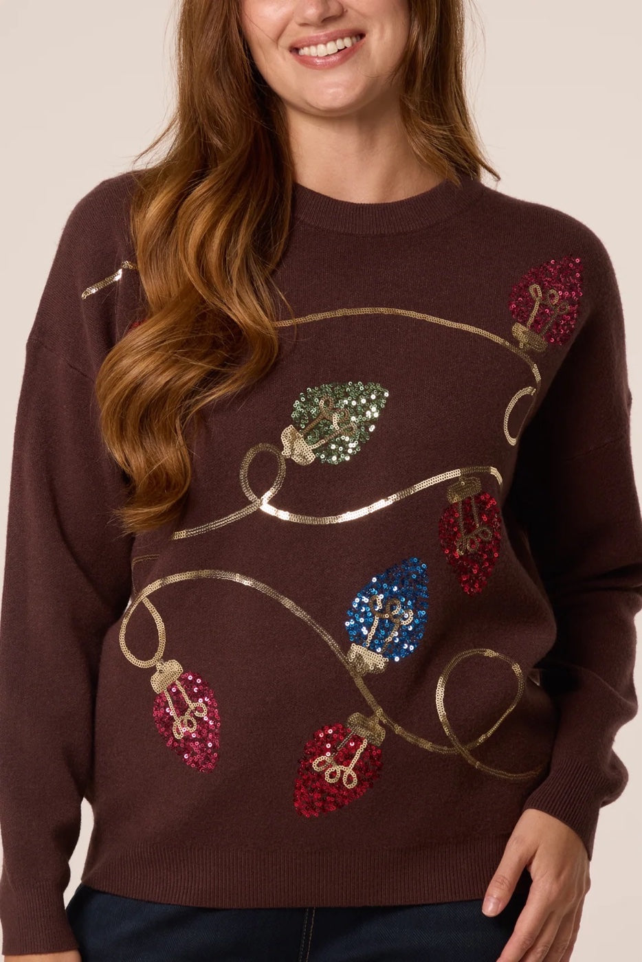 Christmas Lights Sequin Jumper - Chocolate