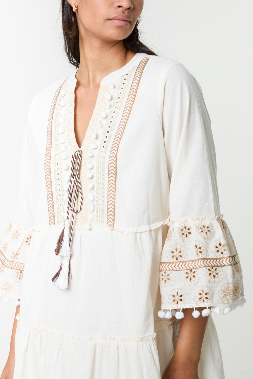 Embroidered Tiered Midi Dress with Pom-Pom Trim - White