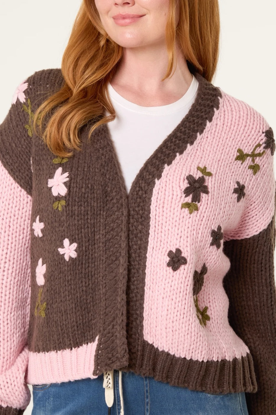 Embroidered Colour Combo Knit Cardigan - Chocolate (2)