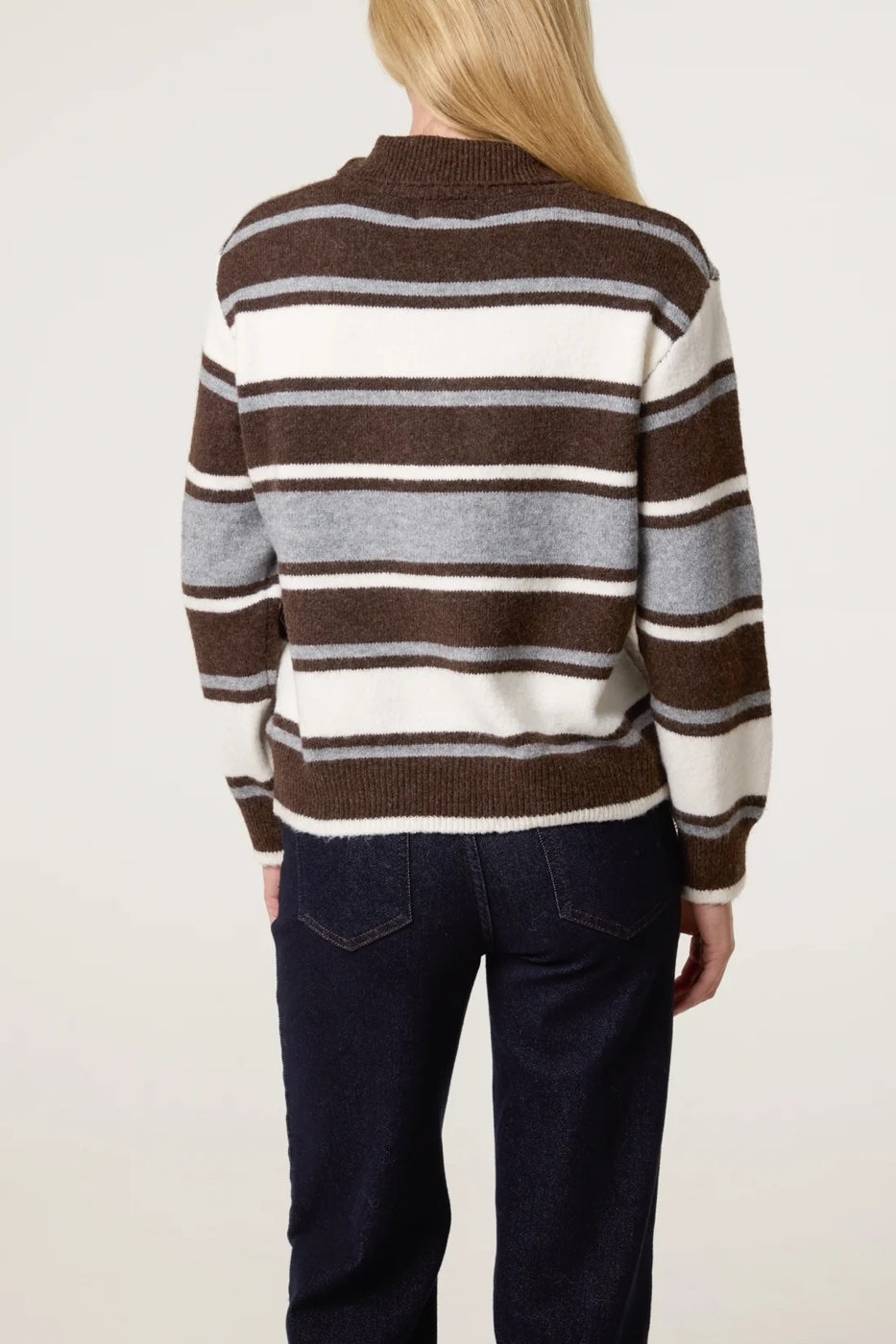 Striped Knitted Polo Jumper - Brown/Grey (2)