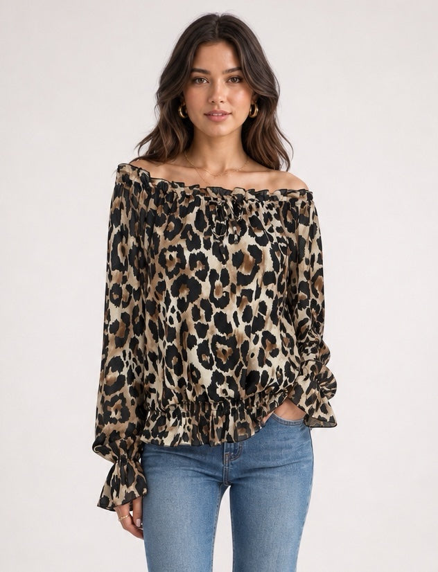 Leopard Print Off-the-Shoulder Blouse - Animal Print