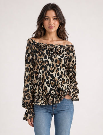 Leopard Print Off-the-Shoulder Blouse - Animal Print