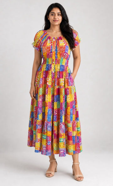Patchwork Print Tiered Maxi Dress - Multi