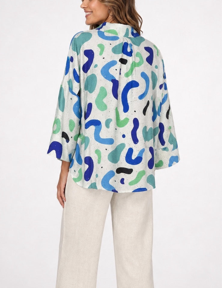 Abstract Print Rhinestone embellished Shirt - Blue (2)