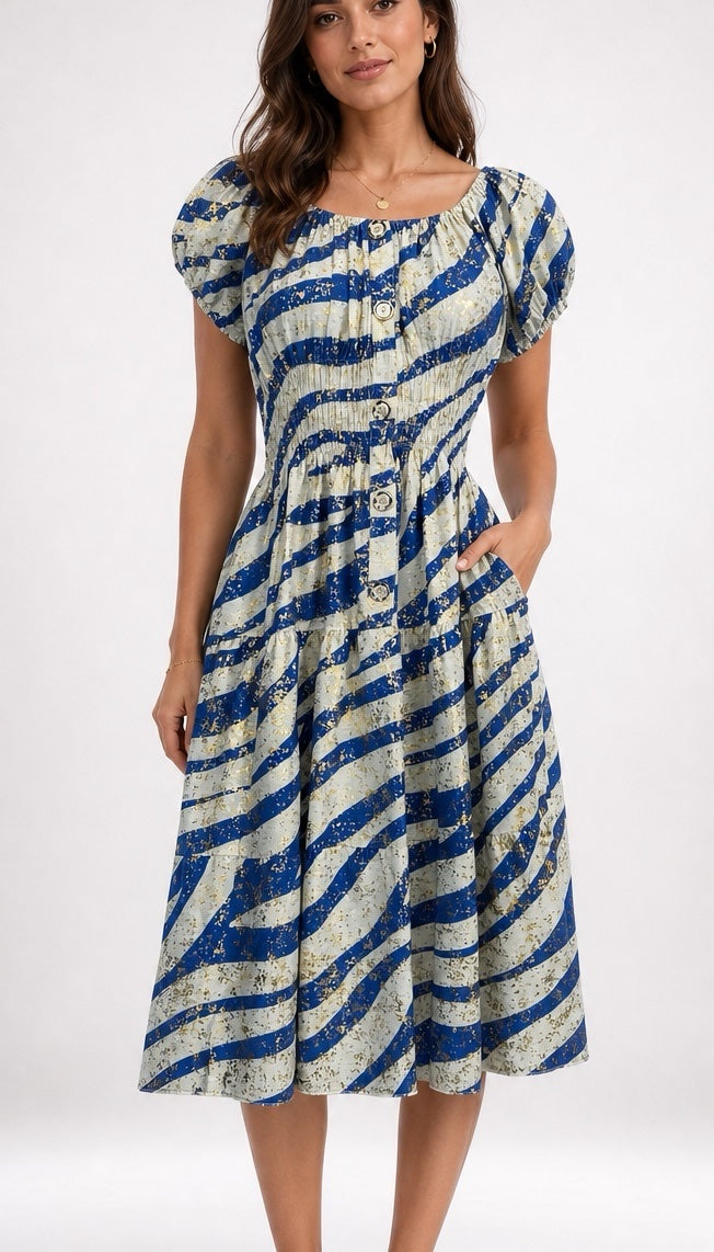 Wave Stripe Gold Foil Midi Dress - Blue