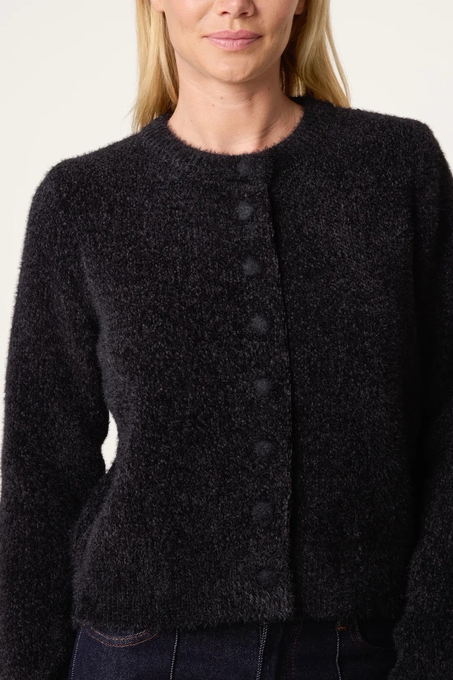Fluffy Knit Button-Through Cardigan - Black