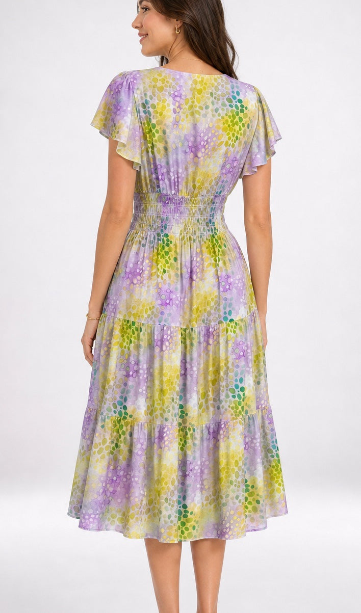 Abstract Spot Midi Dress with Flutter Sleeves - Lilac (2)