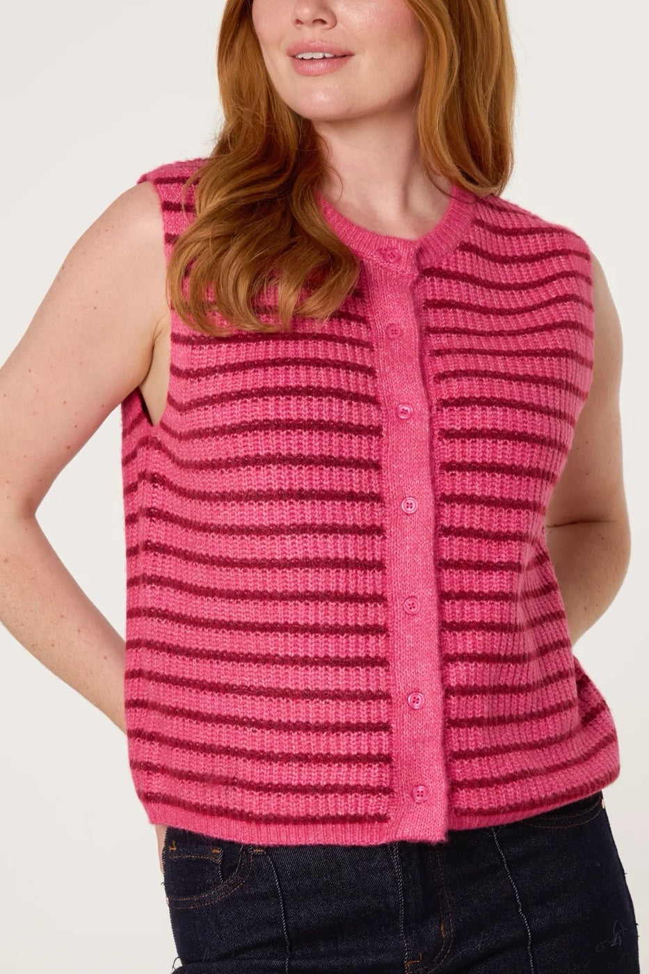 Striped Knitted Button-Up Vest - Deep Pink