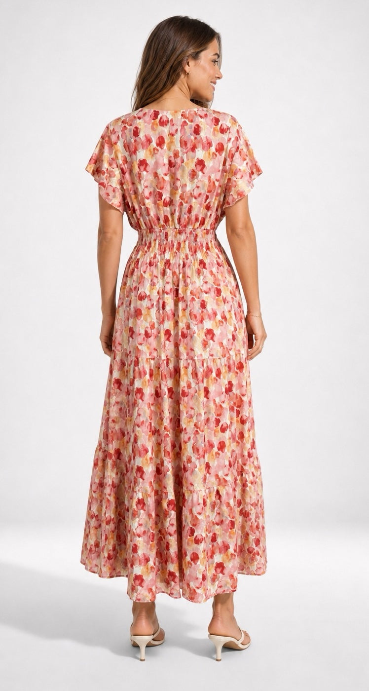 Watercolour Floral Print Shirred Waist Midi Dress - Mixed Pack (2)