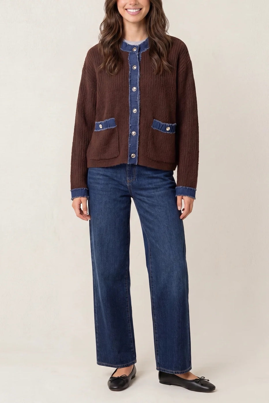 Denim Trim Ribbed Knit Cardigan - Chocolate