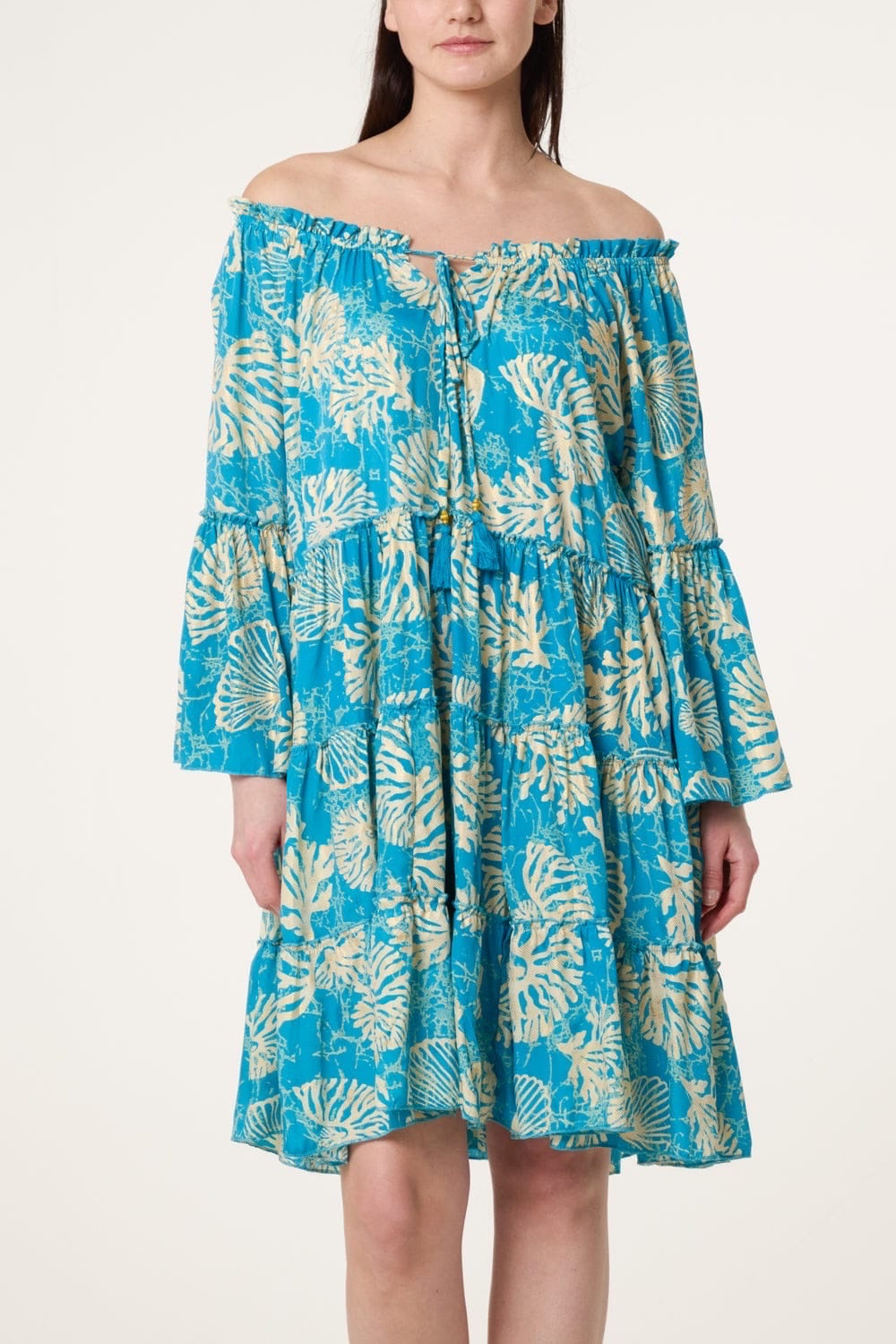 Off-The-Shoulder Tiered Mini Dress - Bright Blue