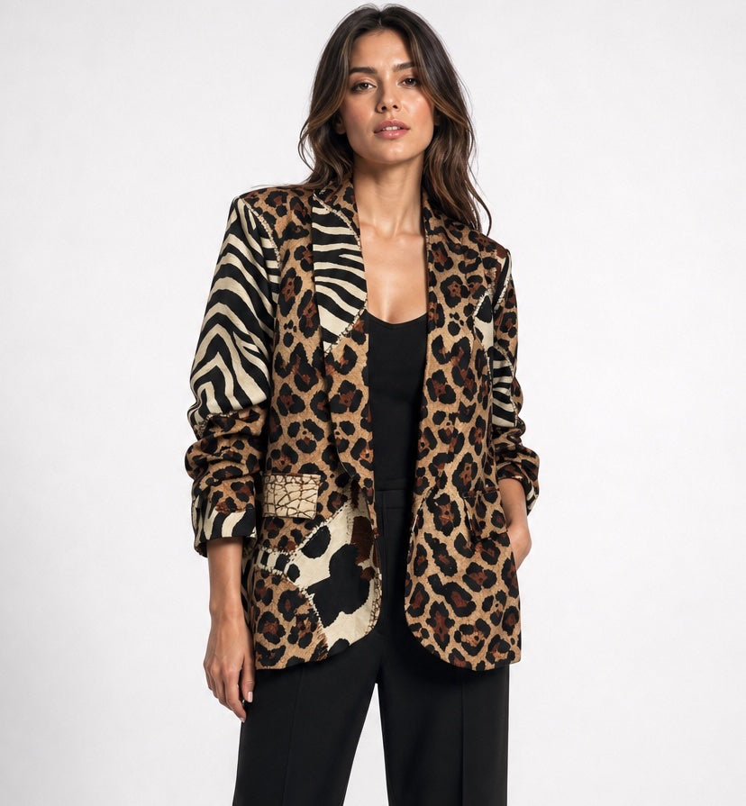 Patchwork Animal Print Blazer - Brown