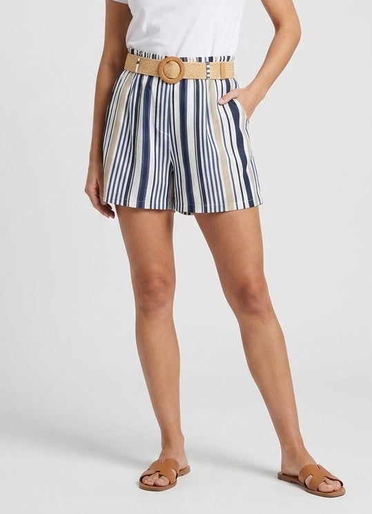 Striped Paperbag Waist Shorts - Navy