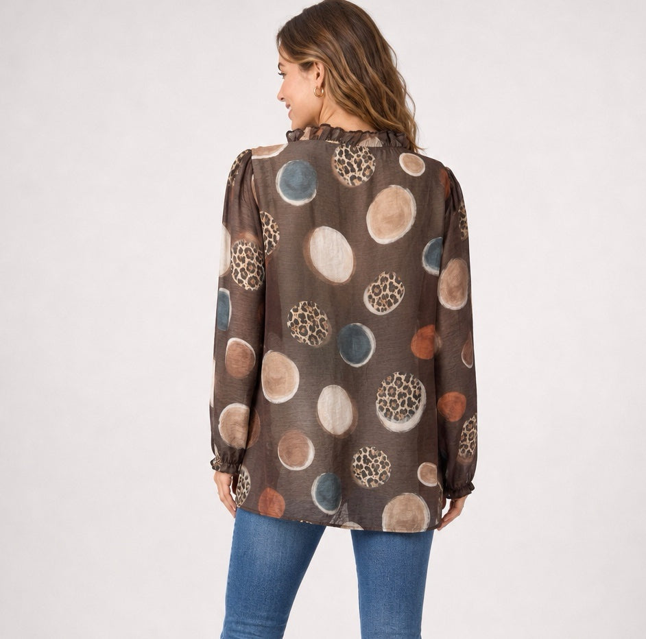 Animal Spot Printed Sheer Blouse - Chocolate