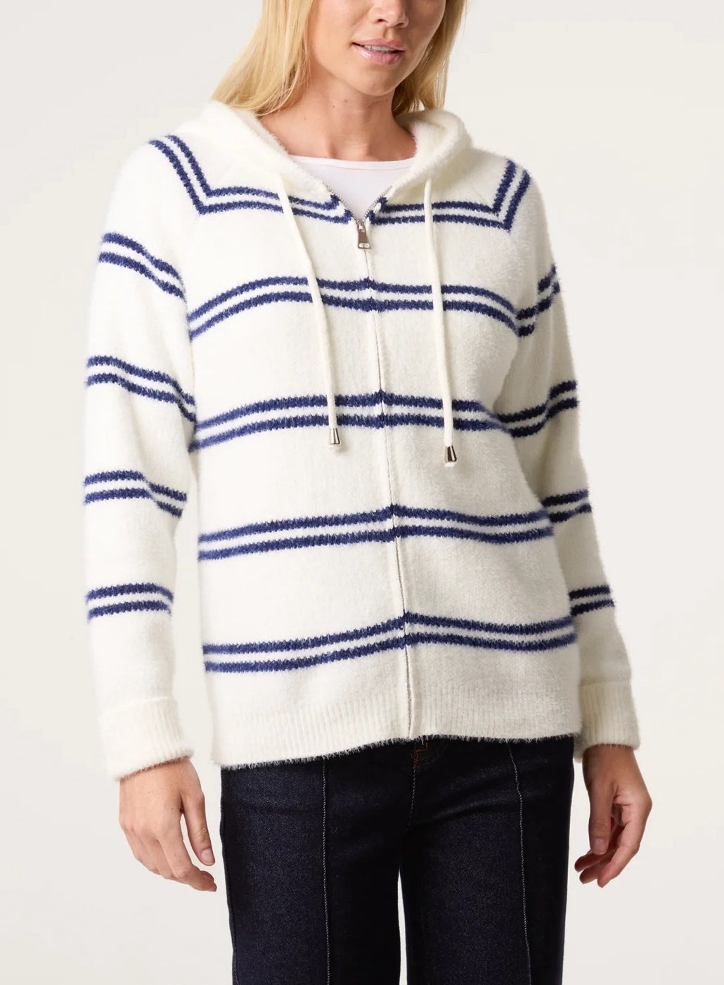 Striped Fuzzy Knit Hoodie - Ivory/Navy