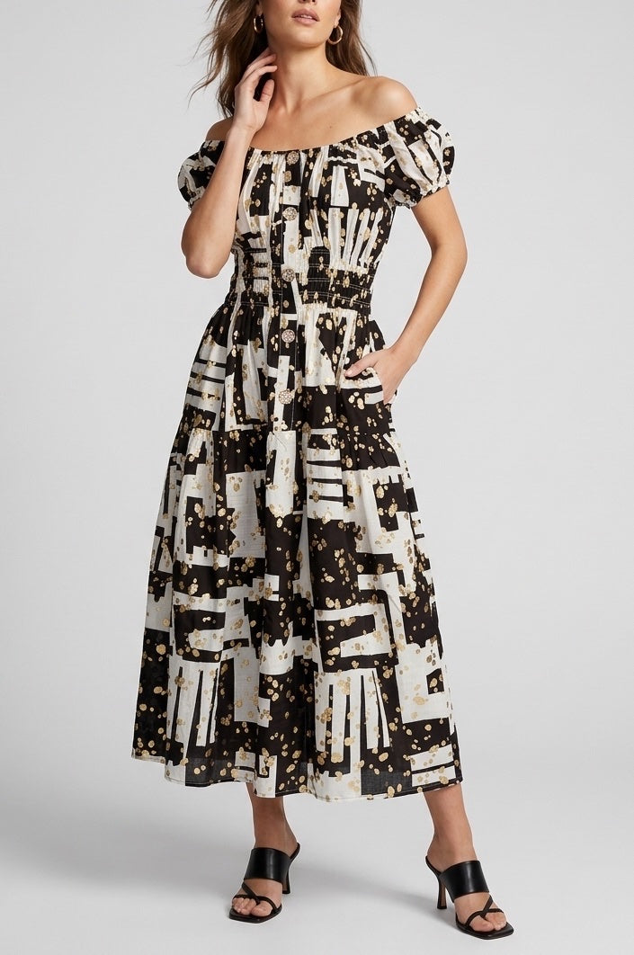 Bardot Shirred Midi Dress - Black