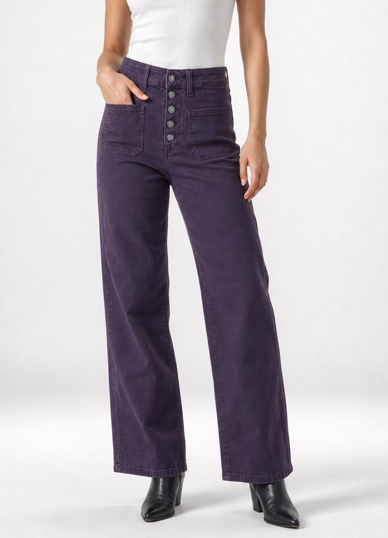 High-Rise Wide-Leg Button detail Jeans - Plum