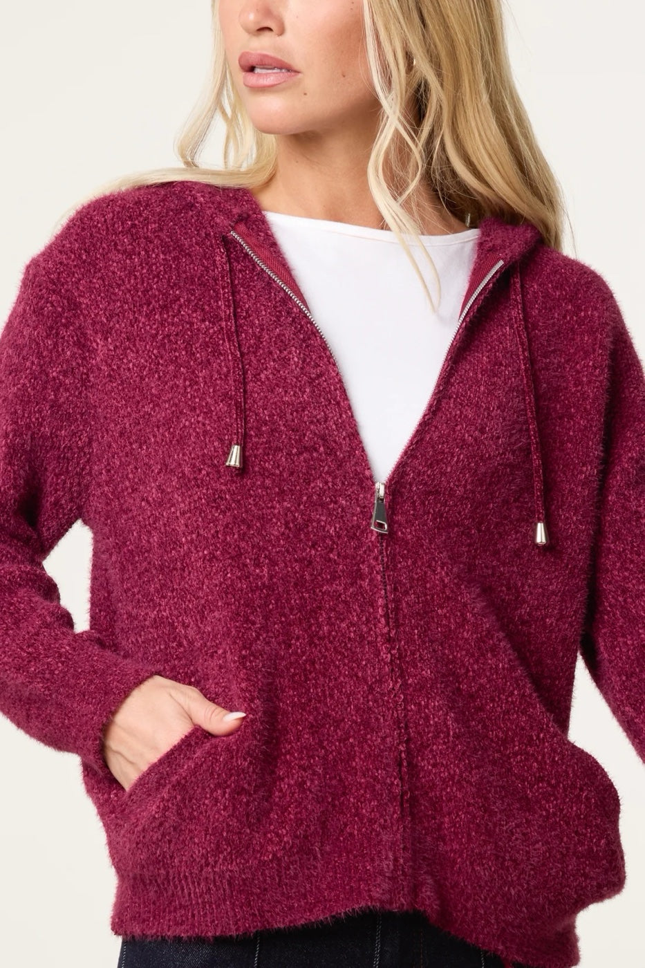 Textured Knit Hooded Zip Jacket - Wine