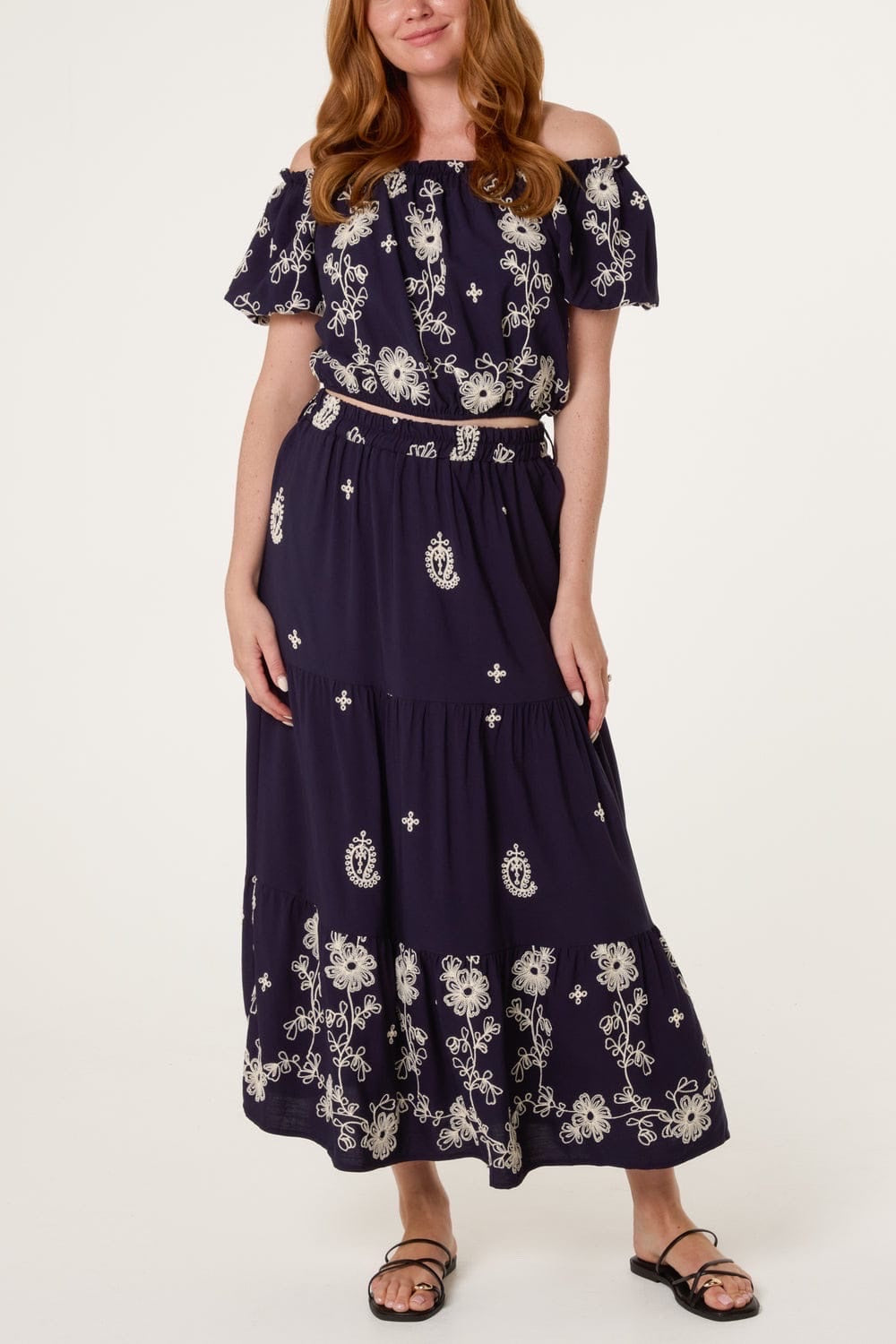 Embroidered Off-the-Shoulder Crop Top and Tiered Maxi Skirt Set - Navy Blue