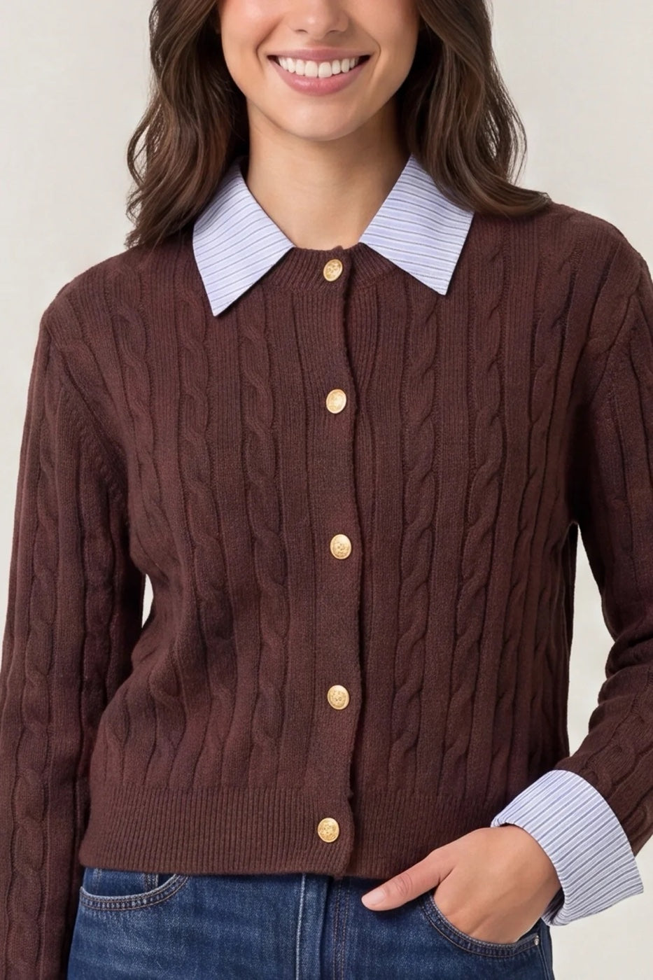 Cable Knit Button-Front Cardigan - Chocolate