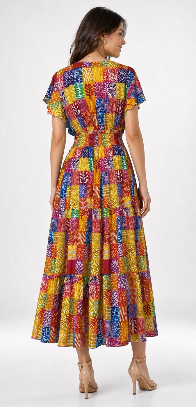 Patchwork Print Maxi Dress - Hot Pink