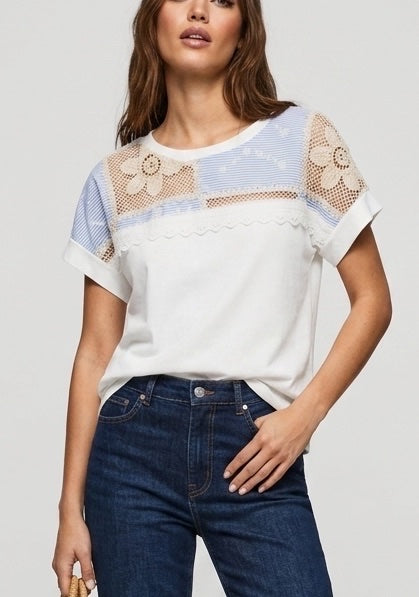 Crochet and Pinstripe Detail Tee - White