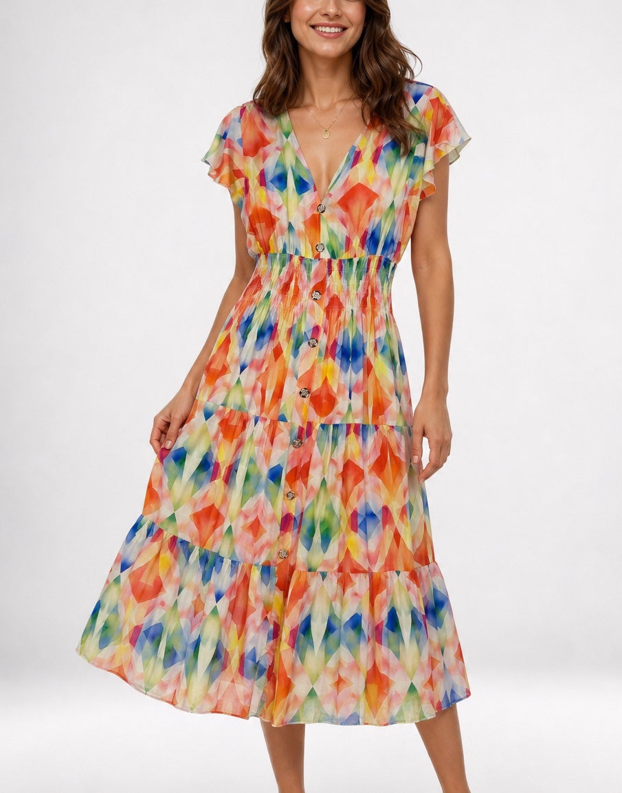 Tiered Midi Dress with Shirred Waist 961-K6 - Multi