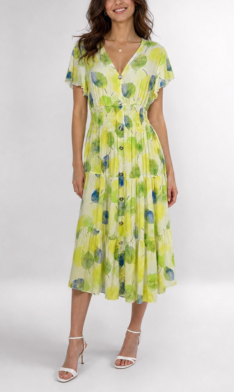 Tiered Midi Dress with Flutter Sleeves - Lemon