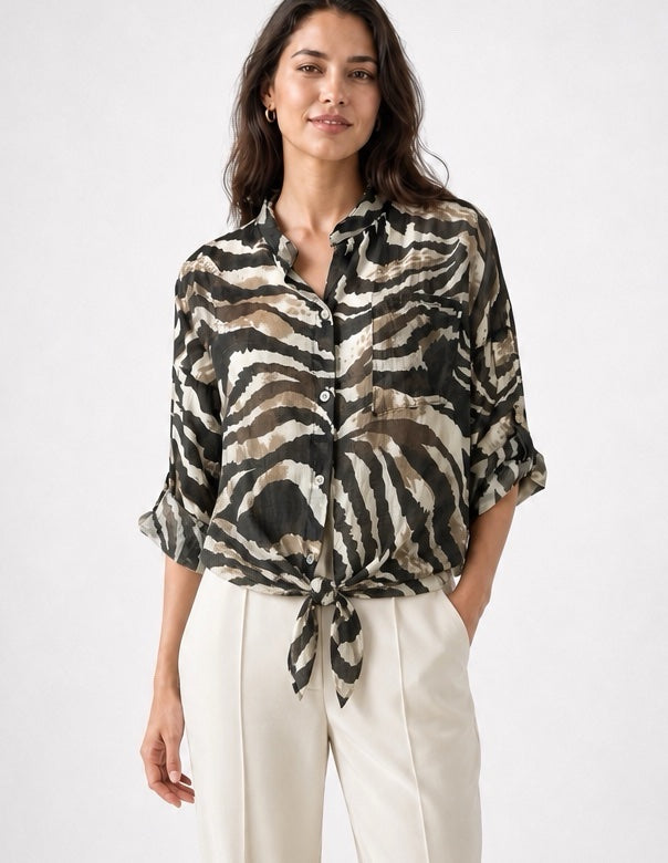 Zebra Print Tie-Waist Blouse - Black