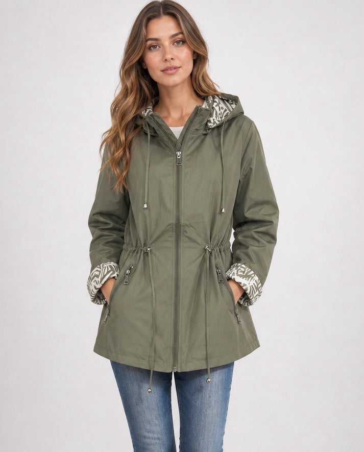 Hooded Parka Jacket with Printed Lining - Khaki