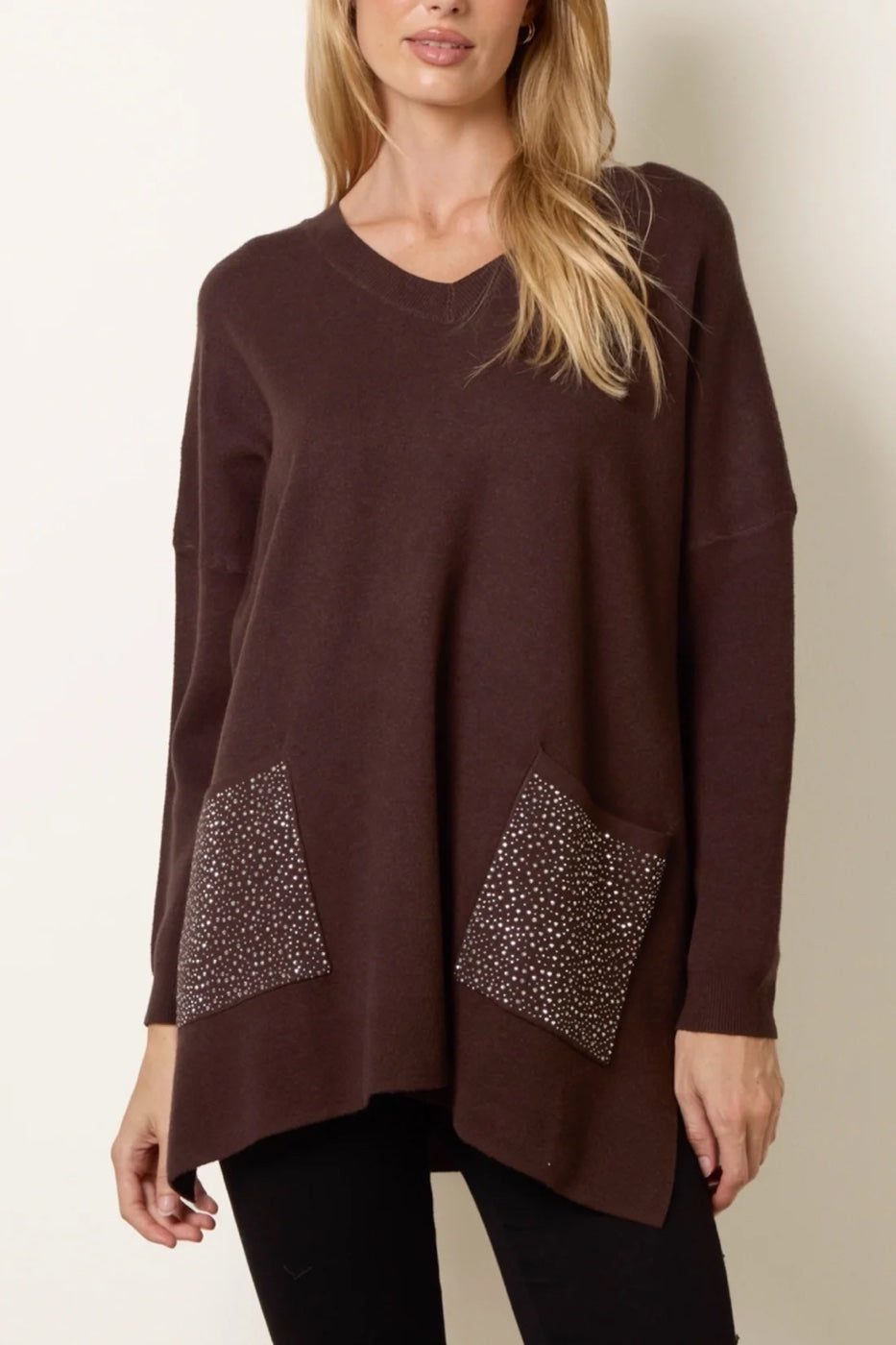 Sparkle Pocket V-Neck Jumper - Chocolate