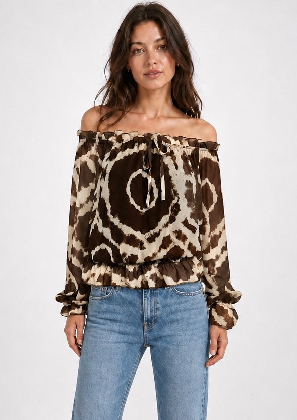 Tie-Neck Off-the-Shoulder Blouse - Chocolate