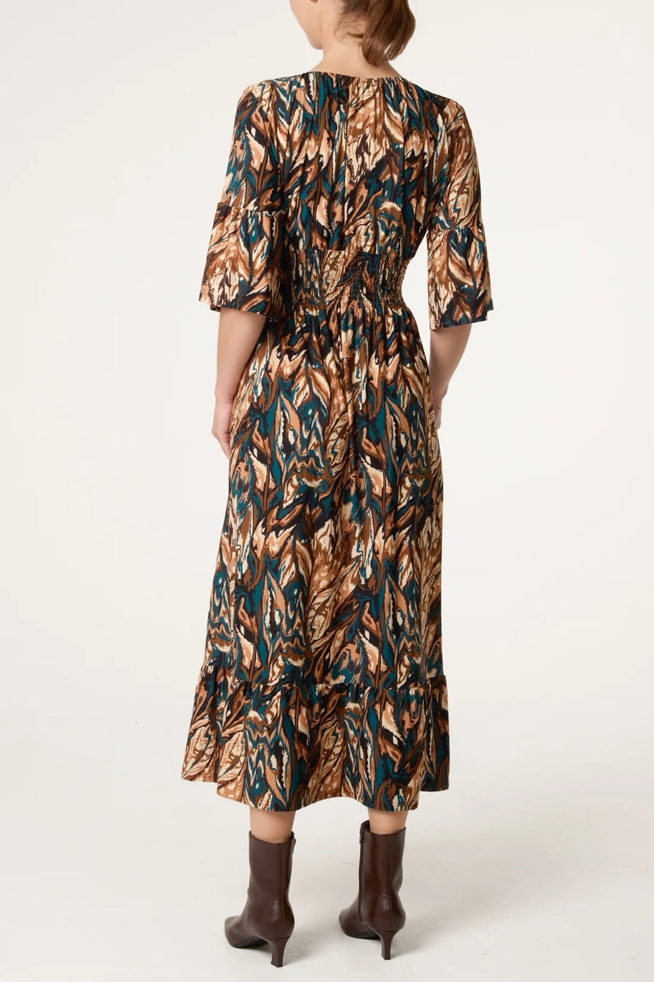Maxi Dress with Shirred Waist and Voluminous Sleeves - Chocolate (2)