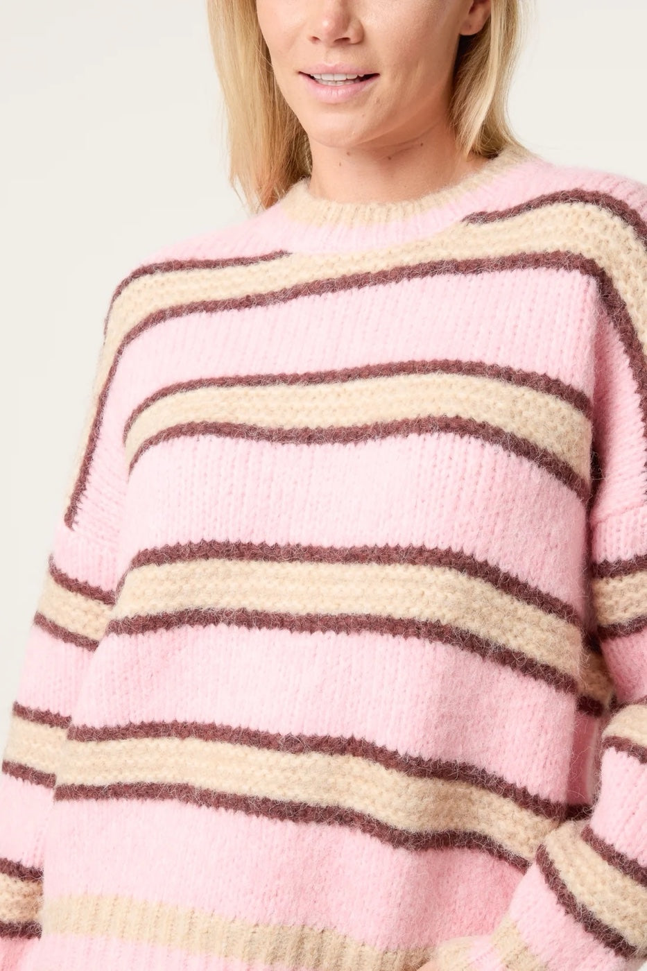 Striped Soft Knit Crew Neck Jumper - Pastel Pink