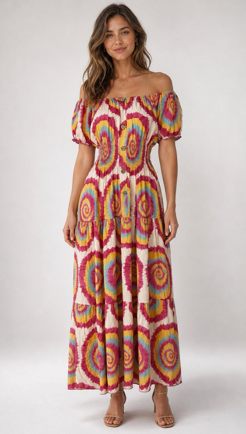 Large Swirl Shirred Bodice Tiered Maxi Dress - Mixed Pack