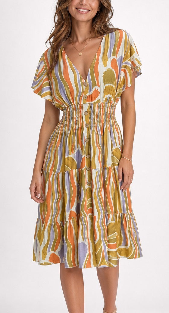 Wave Stripe Midi Dress with Flutter Sleeves - Mixed Pack