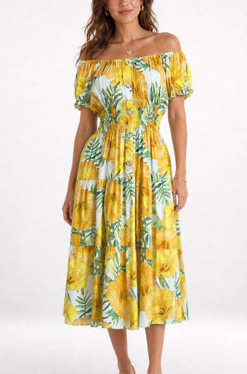Floral Tropical Off-the-Shoulder Tiered Midi Dress - Yellow