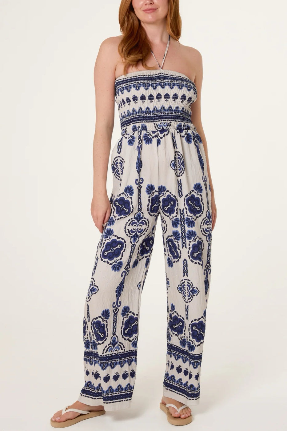 Bohemian Print Strapless Wide-Leg Jumpsuit - Navy (2)