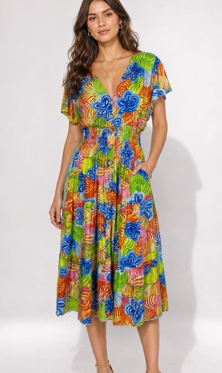Whimsical Floral Print Midi Dress - Bright Red
