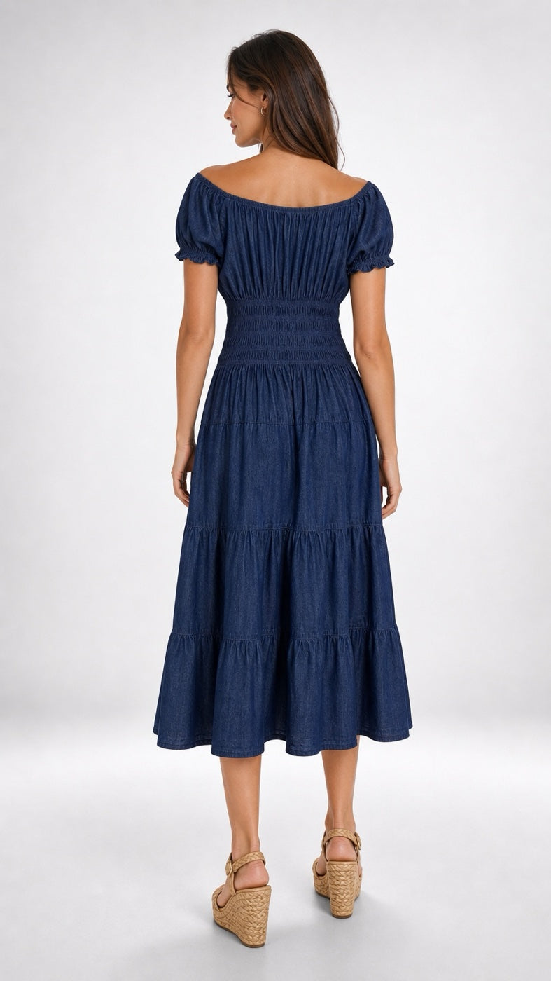 Tiered Denim Midi Dress with Shirred Bodice - Mixed Pack (2)