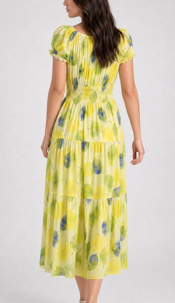 Shirred Waist Leaf Print Midi Dress - Lemon