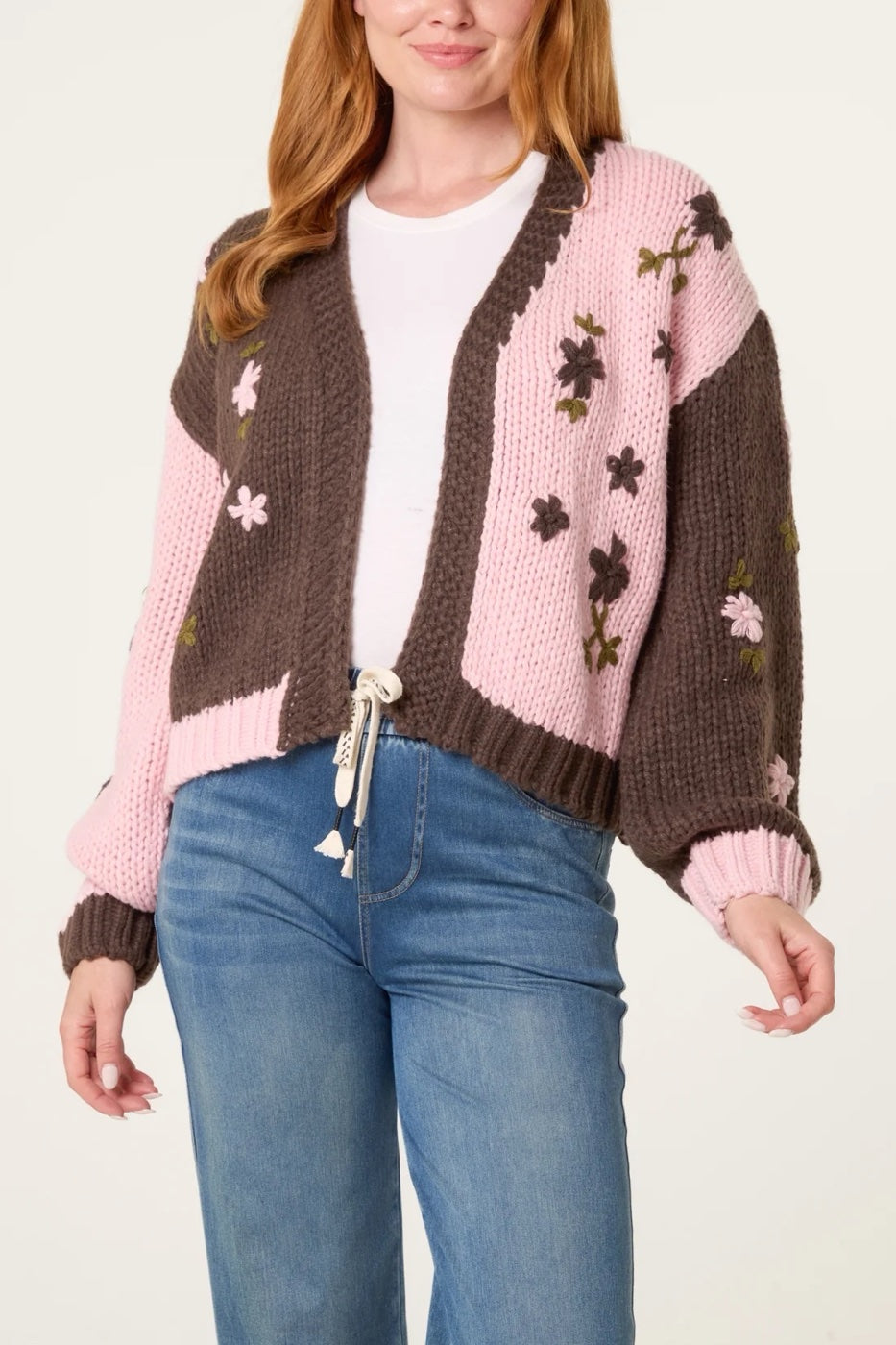 Embroidered Colour Combo Knit Cardigan - Chocolate