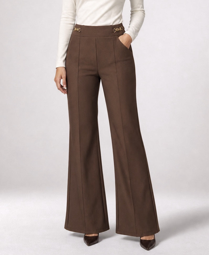 Flared Tailored Trousers with Gold Hardware - Chocolate