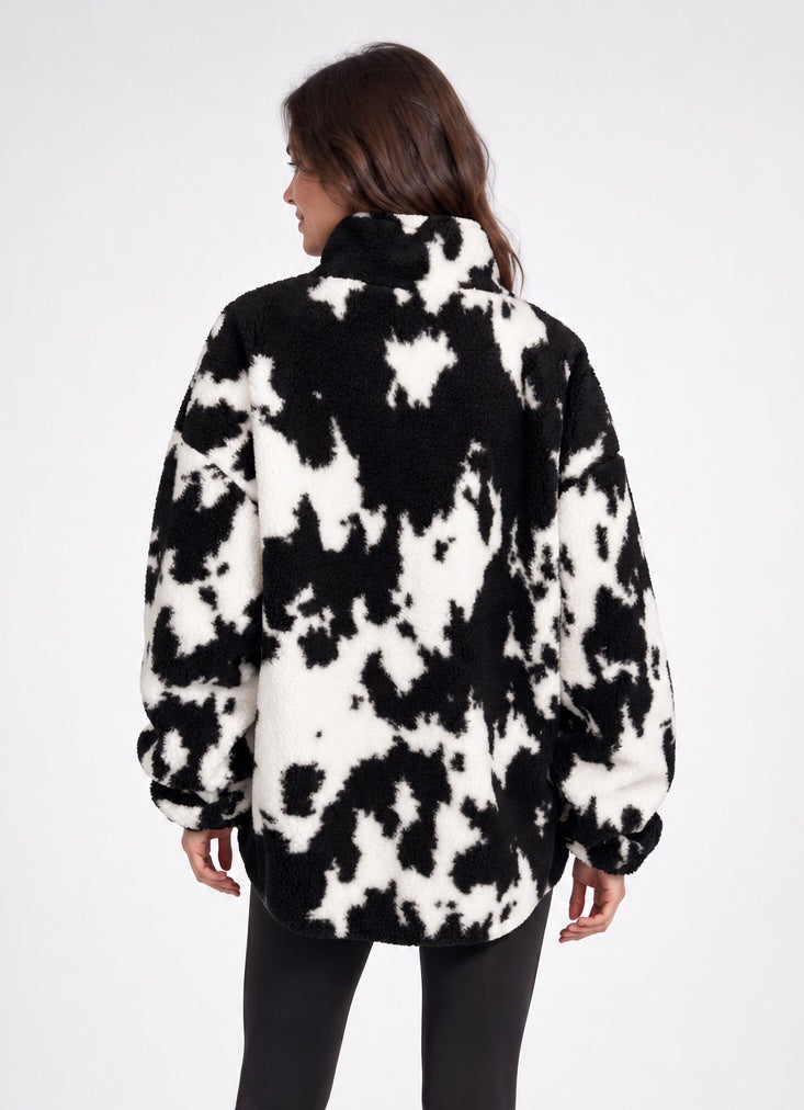 Contrast Print Fleece Jacket - Black